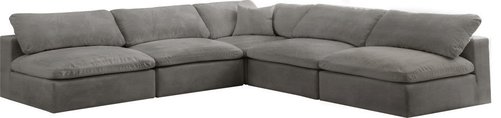 Cozy Velvet Upholstered Comfort L-Shaped Modular Sectional, Grey, 5-Piece: 4 Armless Chair, 1 Corner Chair