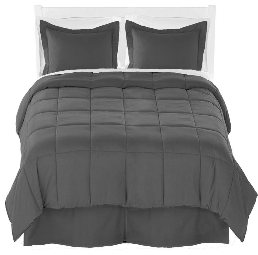Comforter, Sheet, and Bed Skirt, Gray, White, Gray, Split Queen