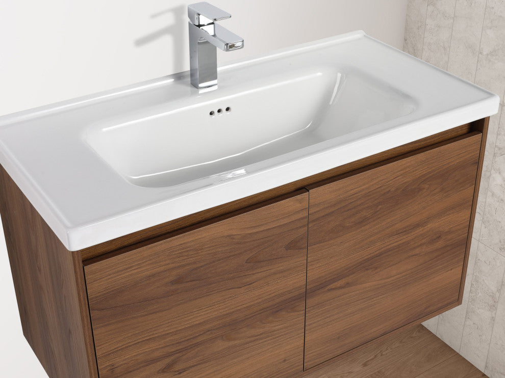 Wall Mounted Bathroom Vanity, Brown Walnut, 36" W/ Sink