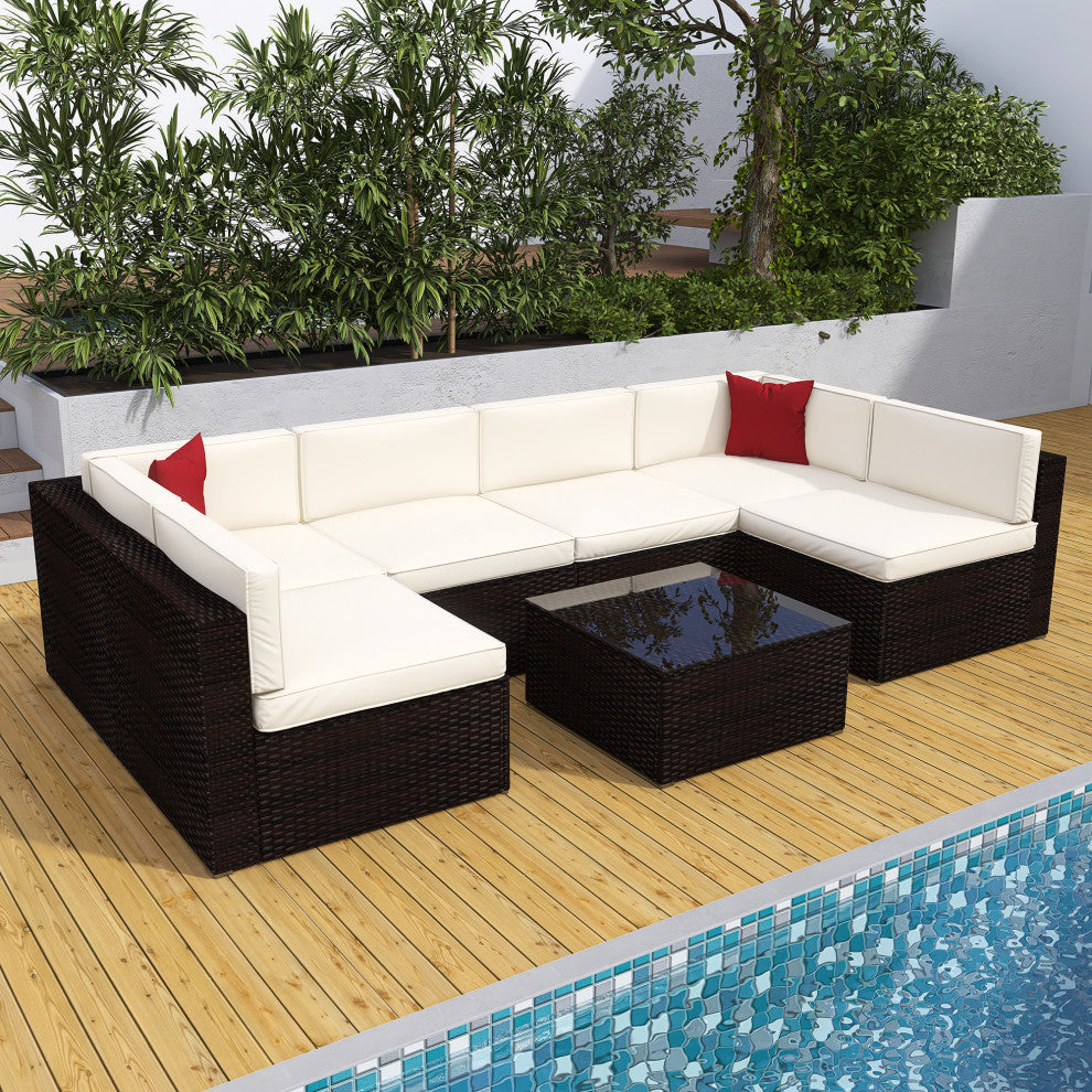 117" Wide Outdoor Wicker U-Shaped Patio Sectional With Cushions, Beige
