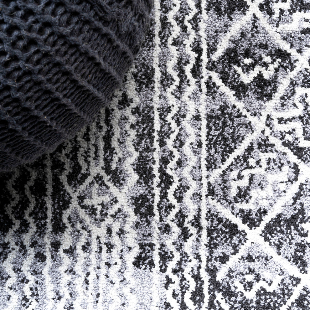 Iften Moroccan Geometric Distressed Ivory/Black 2 ft. x 10 ft. Runner Rug