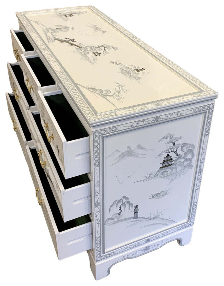 White Oriental Dresser With Hand Painted Mountain Scenery 48" W