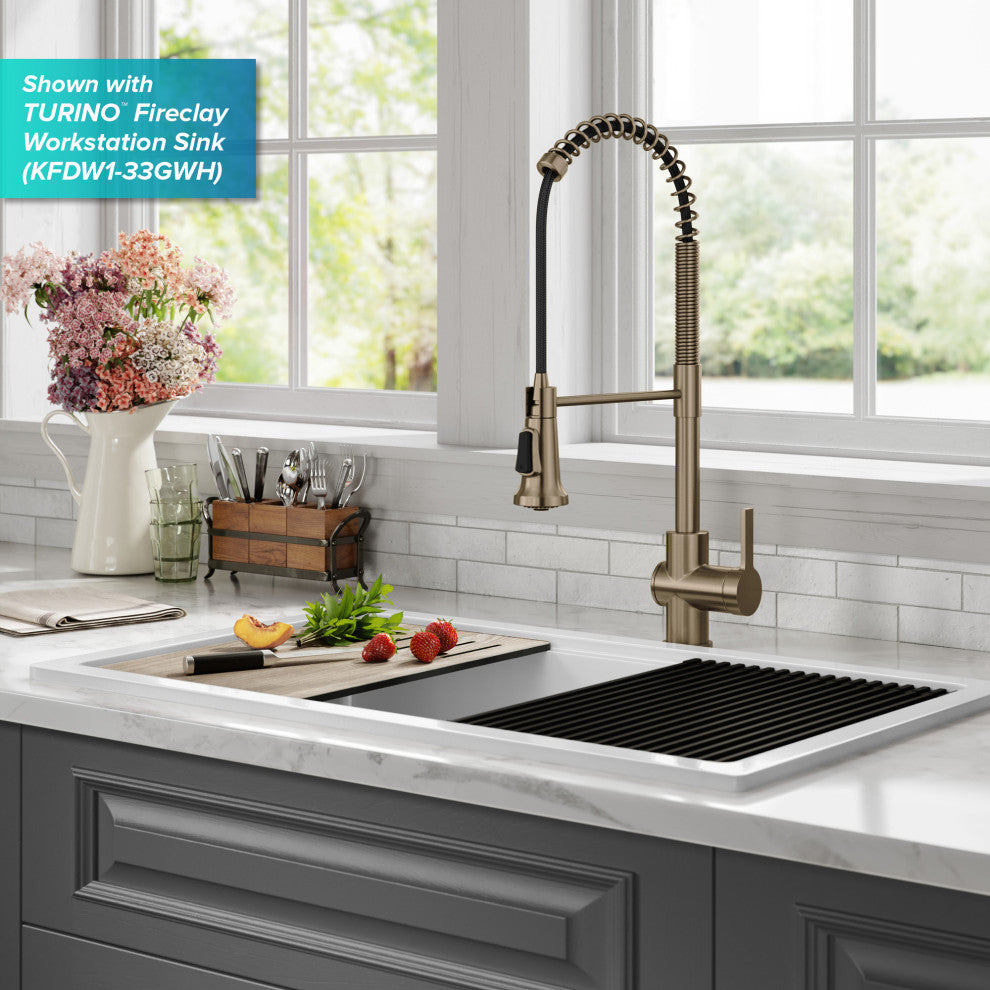 Britt Commercial Style 3-Function Pull-Down 1-Handle 1-Hole Kitchen Faucet, Spot Free Antique Champagne Bronze (Touchless Ksf-1691sfacb)