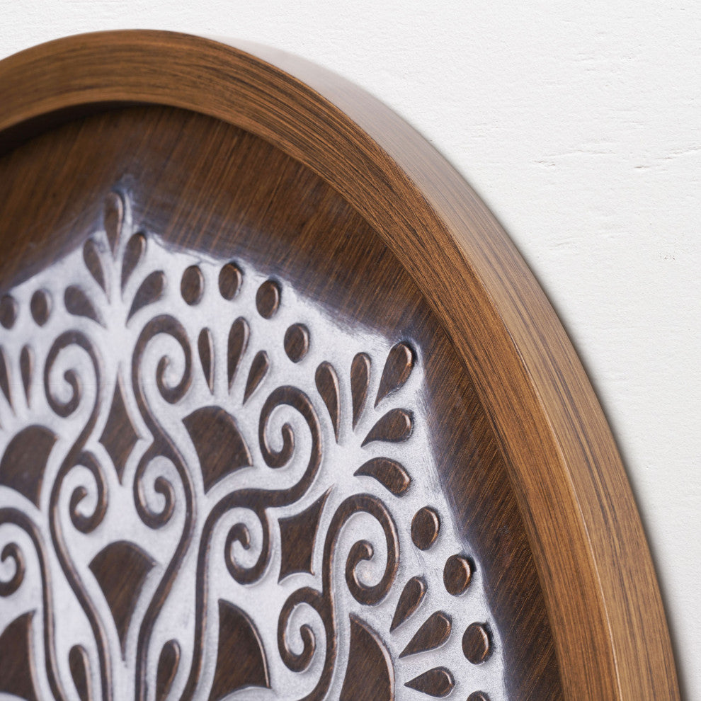American Art Decor Boho Rustic Farmhouse Wood Framed Wall Medallion Brown, White