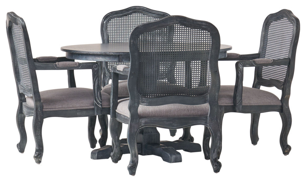 Absaroka French Country Fabric Wood and Cane 5-Piece Dining Set, Gray