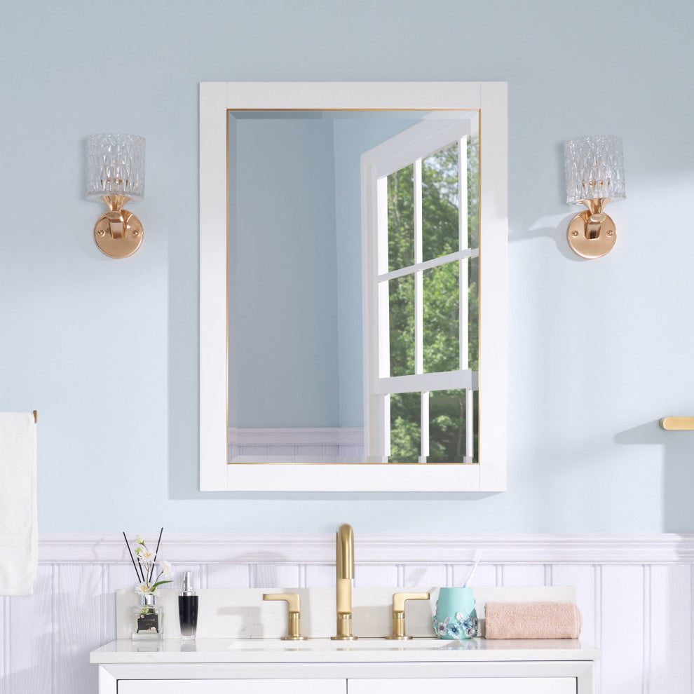 Solid Wood Beleved Edge Rectangular Framed Bathroom Wall Vanity Mirror, White, 24"?x32"