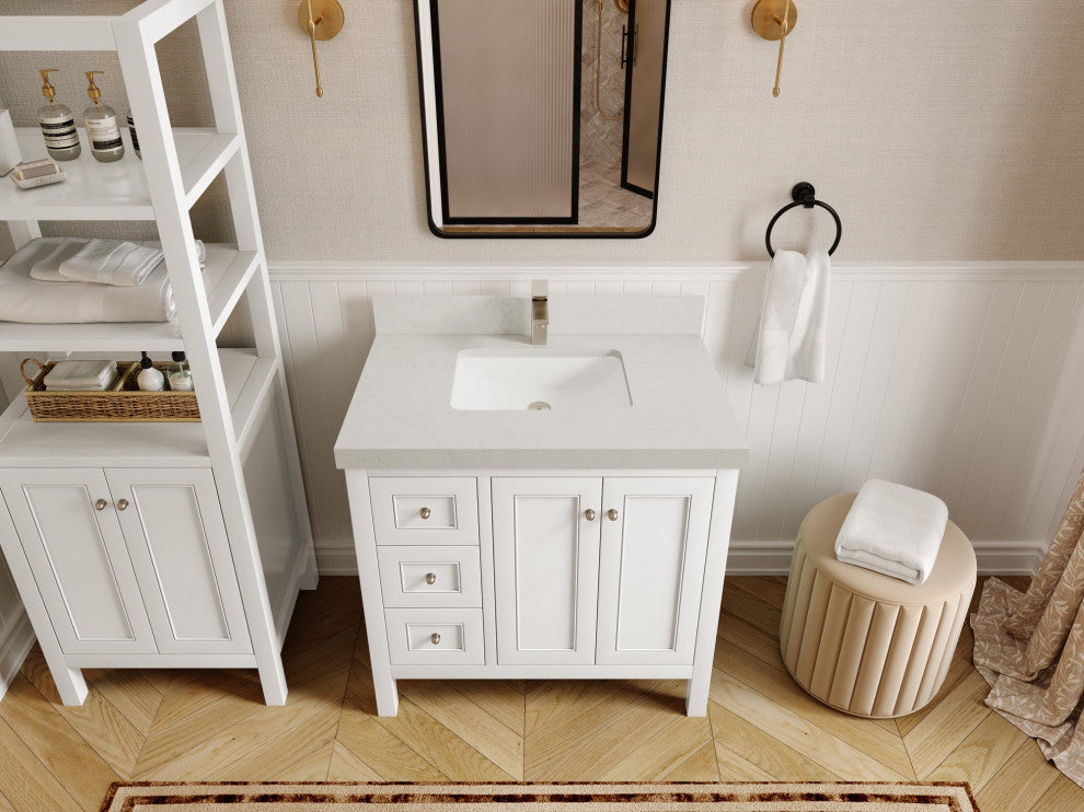 Nashville 36" Center Sink Bath Vanity, White 2" Carrara Quartz