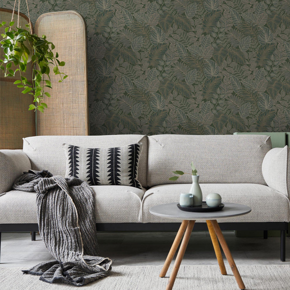 Superfresco Easy Scattered Leaves Wallpaper, Forest Green