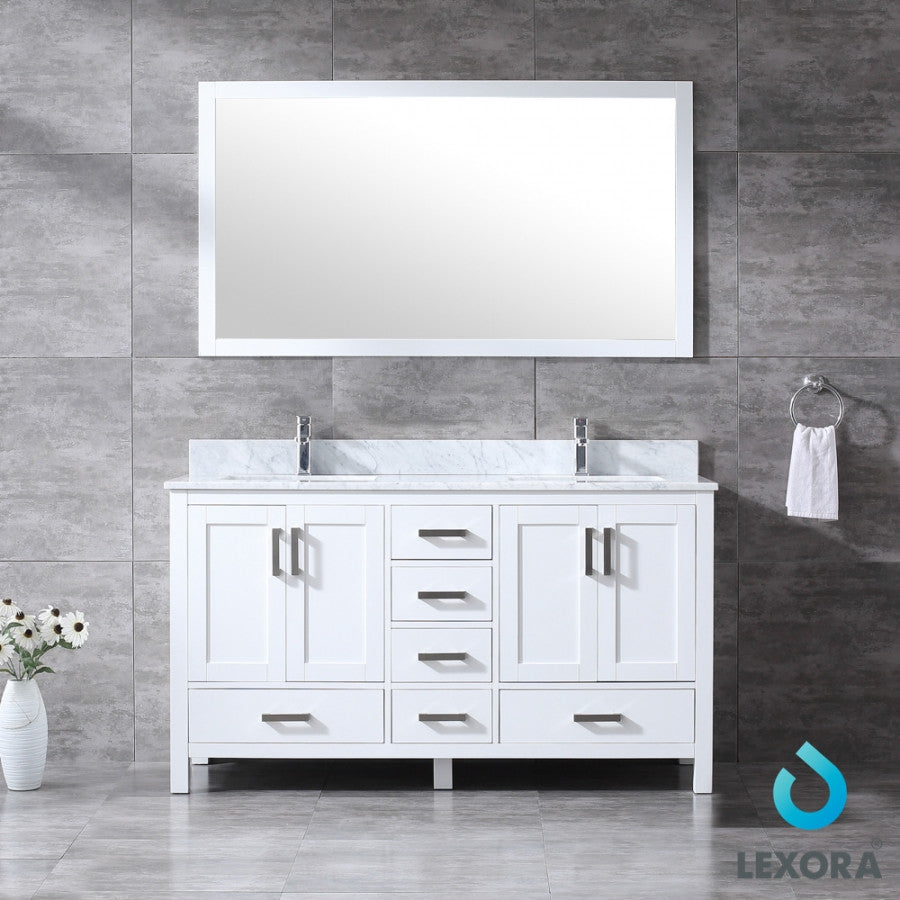 Jacques 60" Double Vanity Cabinet Carrara Marble Top Sinks, 58" Wall Mirror