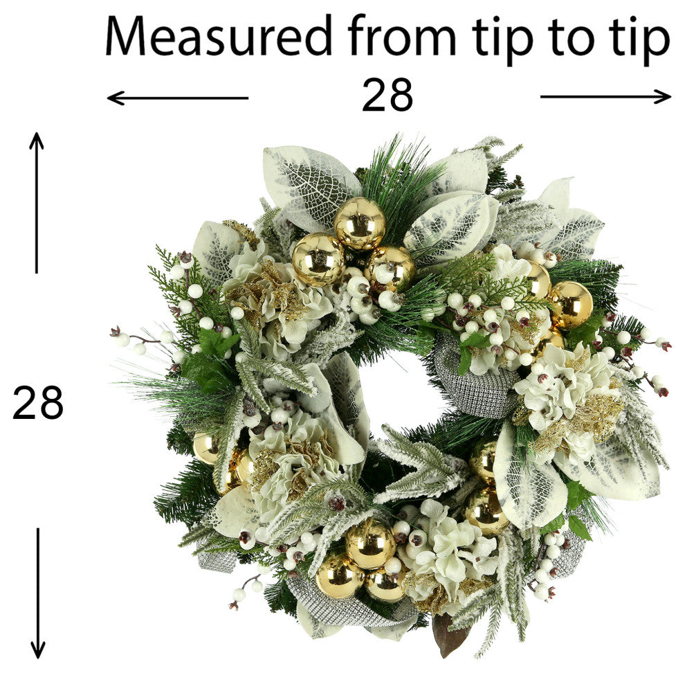 28" Hydrangea Holiday Wreath with Snowy Leaves