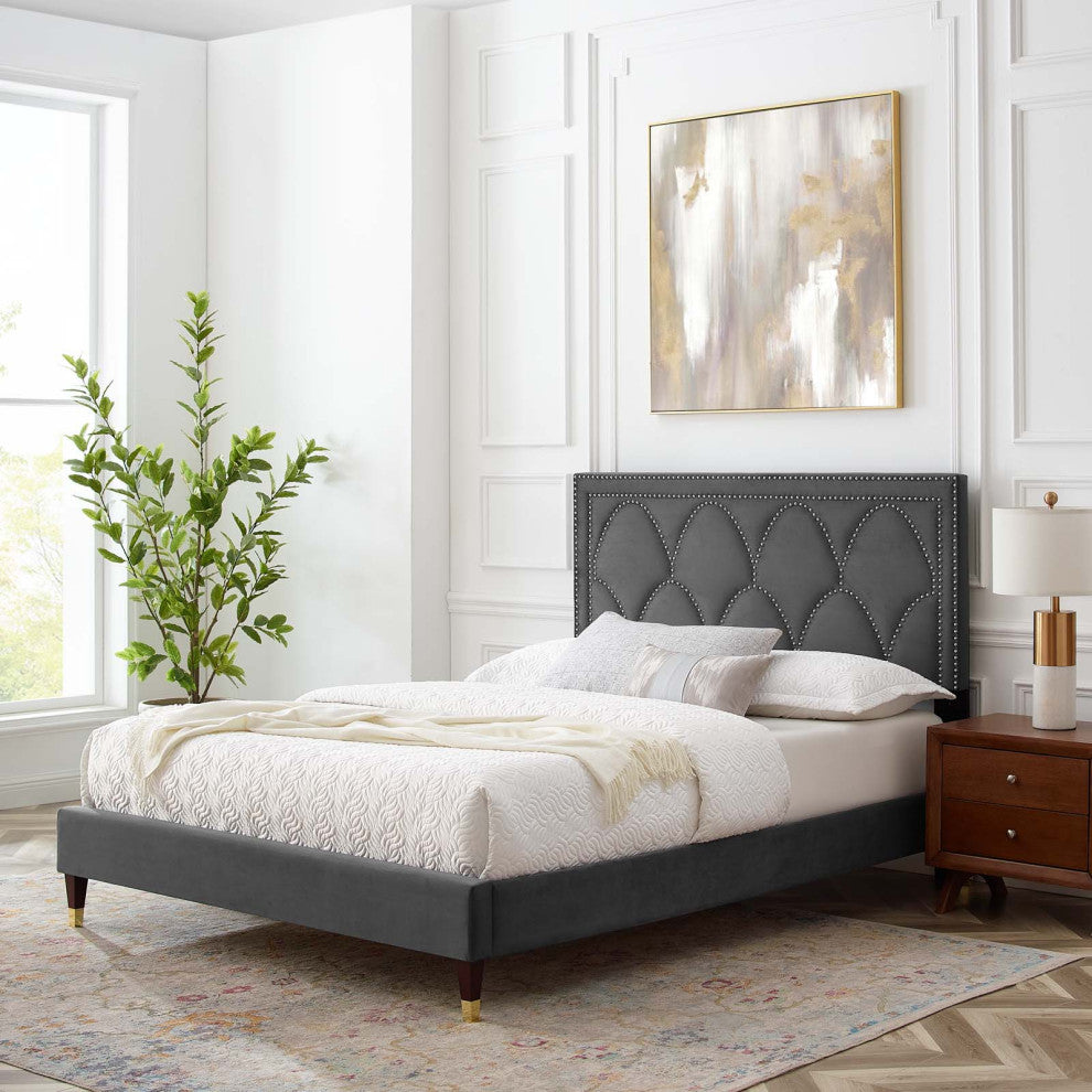 Platform Bed Frame, Nailhead, Queen Size, Charcoal Gray, Velvet, Modern