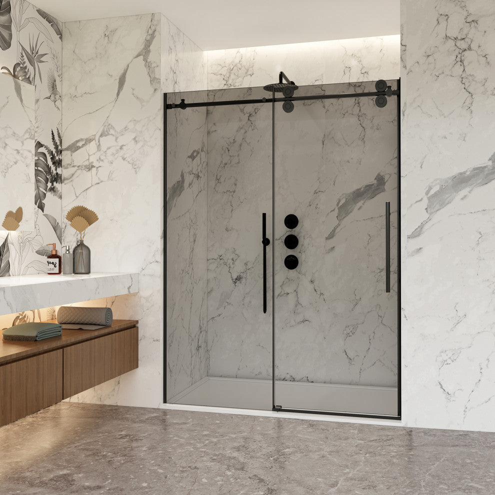 Echarri Single Sliding Frameless Shower Door, Tinted Glass, Matte Black, 56" W X 78"h