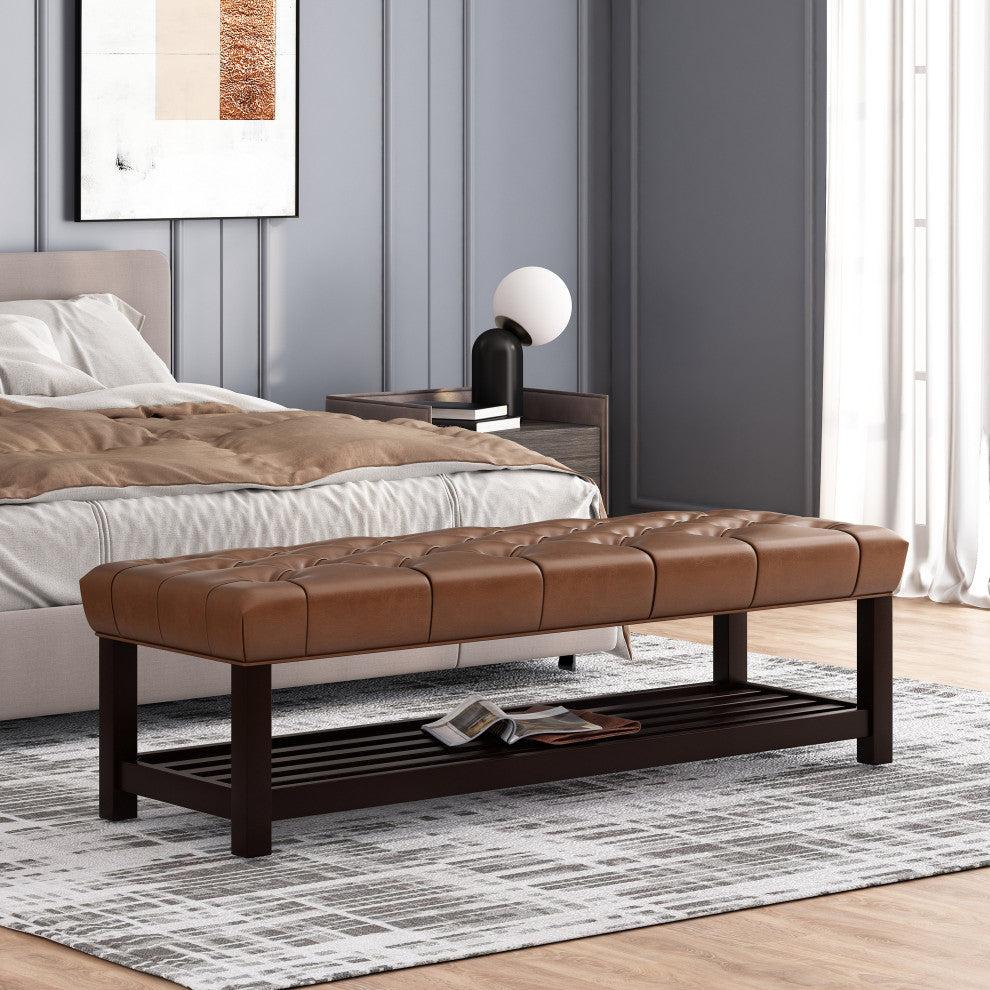 Pelon Contemporary Button Tufted Bench With Shelf, Cognac Brown/Dark Walnut