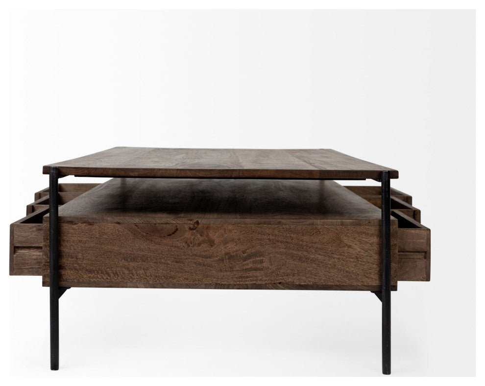Rectangular Solid Wood and Black Metal Coffee Table W 3 Drawers