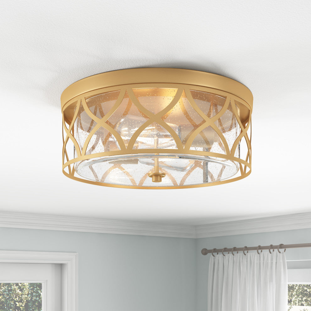 Modern Gold 2-Light Flush Mount Ceiling Light with Seeded Glass