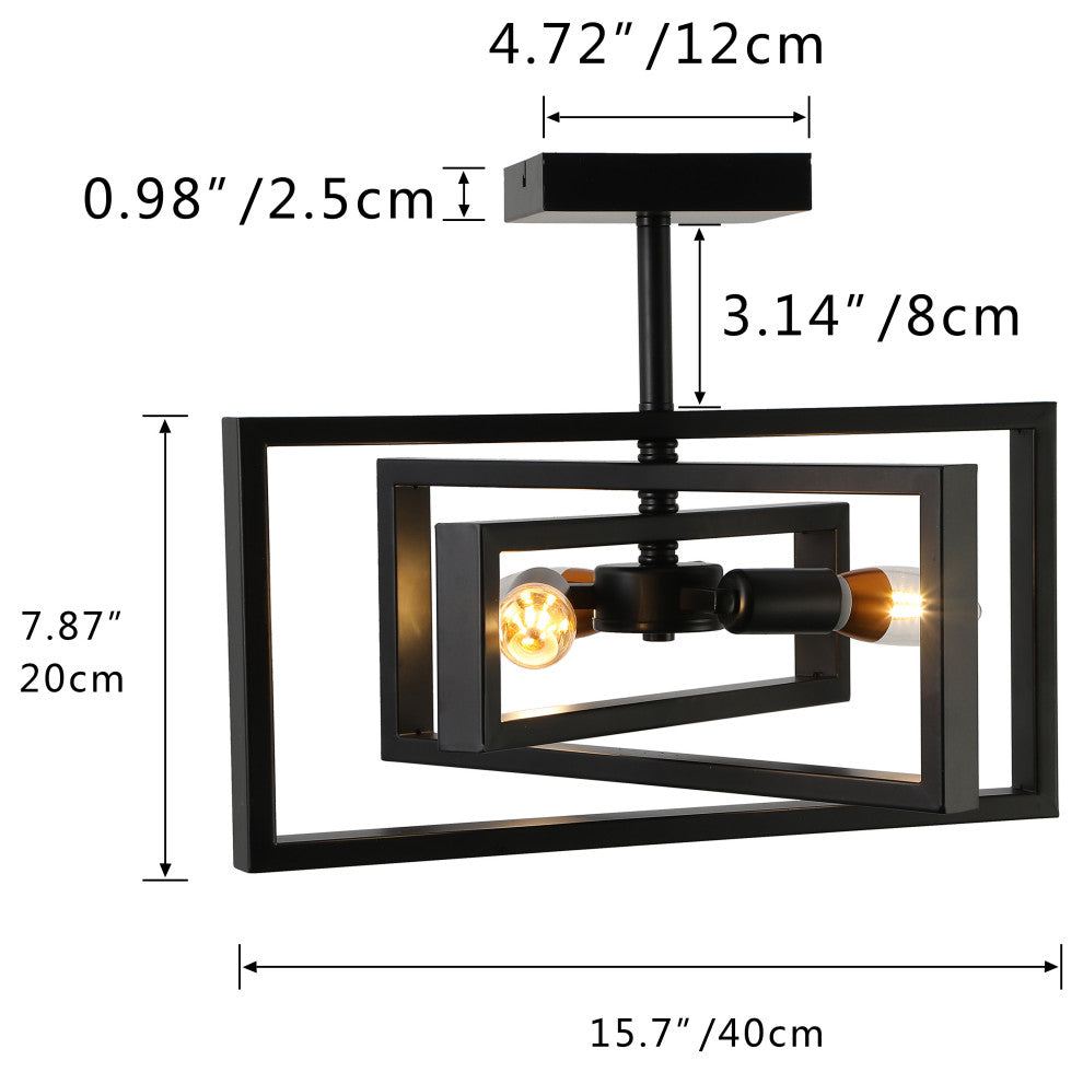 Geometric 3-Light Semi Flush Mount Rectangular Frame Ceiling Light, Black