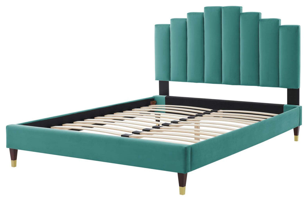 Platform Bed Frame, Full Size, Velvet, Teal Blue, Modern Contemporary, Bedroom