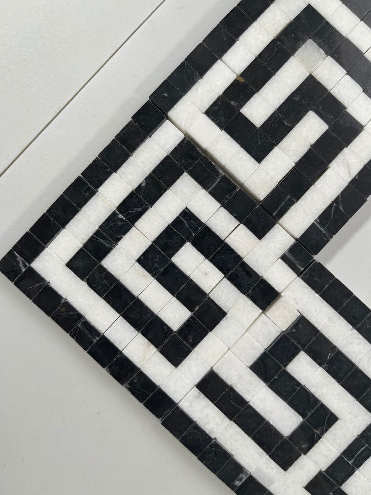 Greek Key Thassos White Nero Marquina Black Marble Mosaic Border Tile, 1 piece