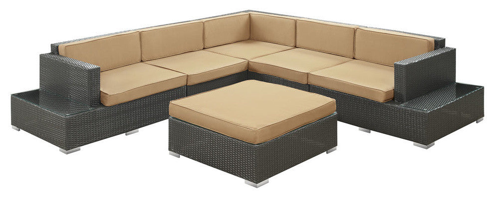 Modern Contemporary Outdoor Patio Rattan & Wicker 6 Pieces Sectional Set, Mocha