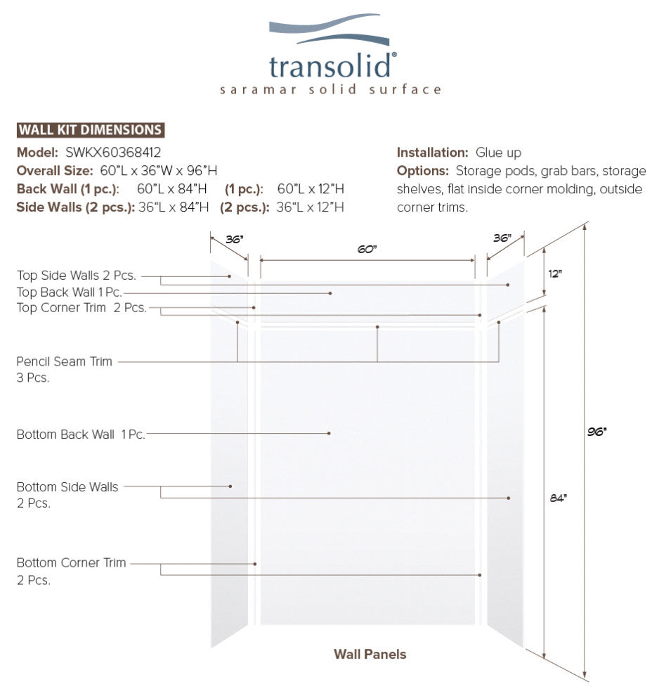Transolid SaraMar 60"x36"x96" 6-Piece Shower Wall Kit, White Velvet