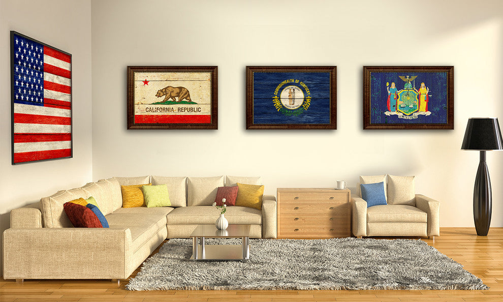 Kentucky State Textured Flag Print With Brown Gold Frame, 19"X27"