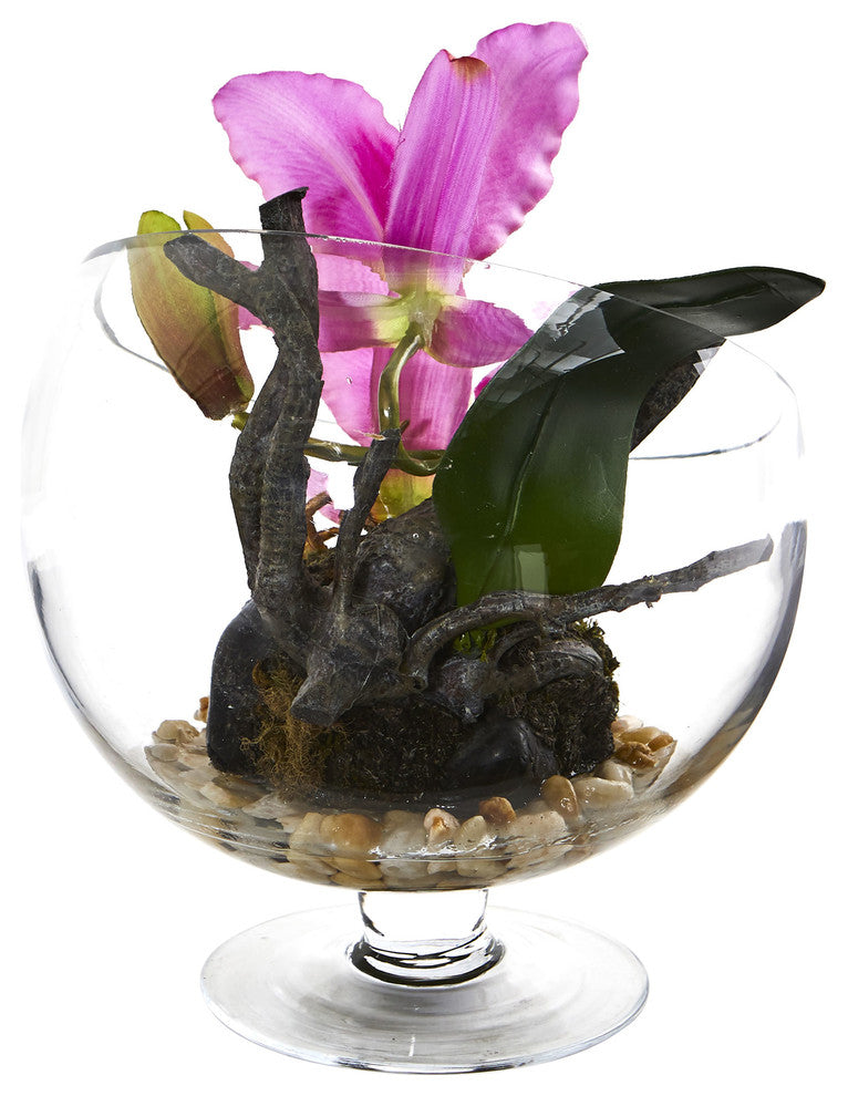 Mini Orchid Cattleya Artificial Arrangement in Pedestal Vase Purple