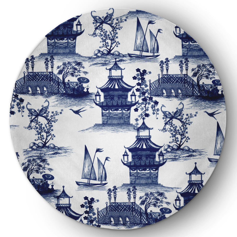 China Old Oriental Chenille Area Rug, Porcelain Blue, 5'' Round