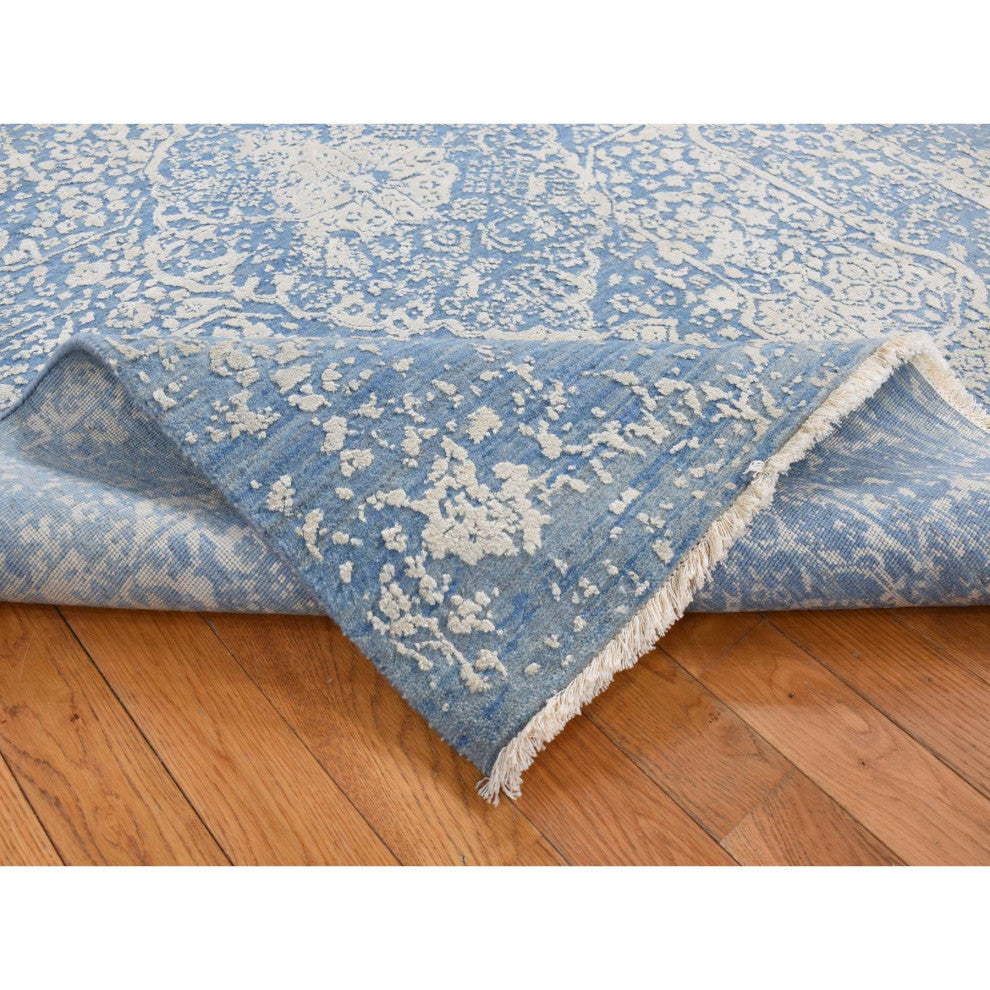 Blue Hand Knotted Broken Persian Design Wool and Pure Silk Rug, 5'1"x7'