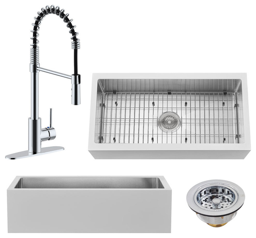 36" Single Bowl Farmhouse Solid Surface Sink and Faucet Kit, Polished Chrome