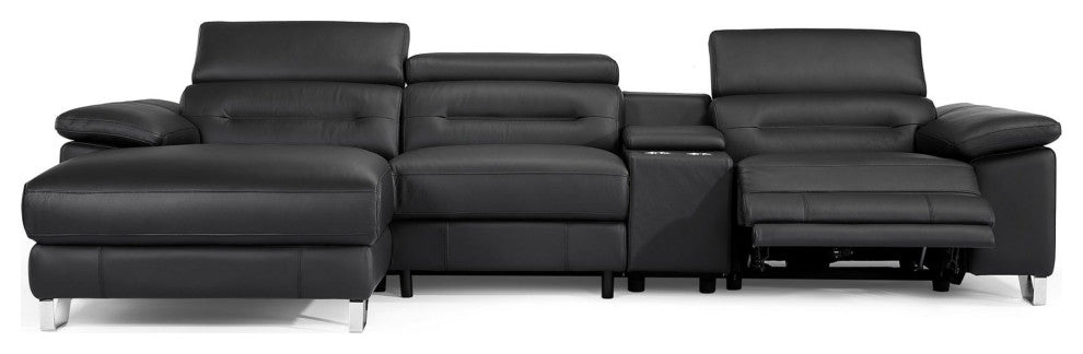 Monaco Black Reclining Leather Sectional with Console, Left Chaise