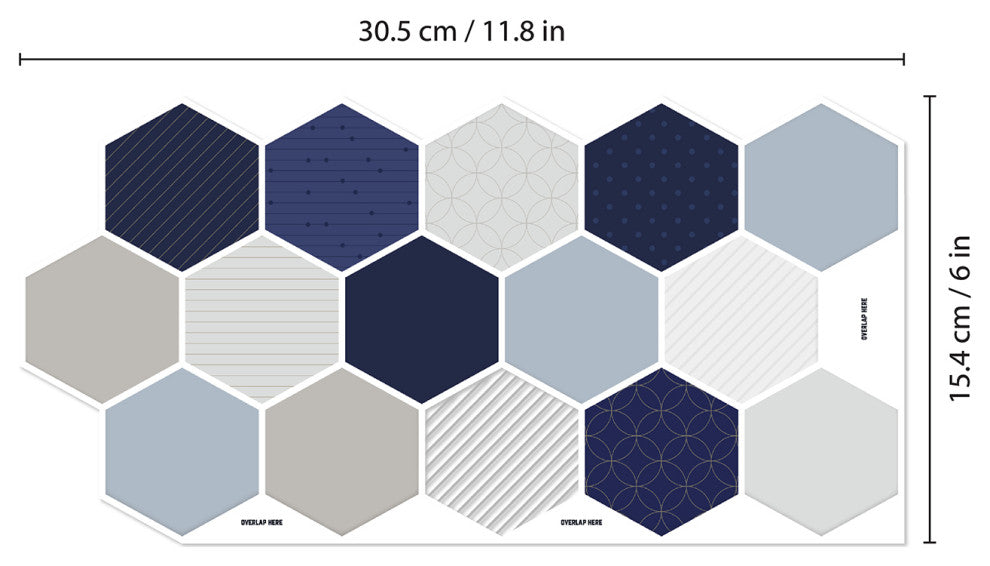 12"x6" Honey Hexa Blue and Cream Glossy 3D Tile Stickers, Set of 12