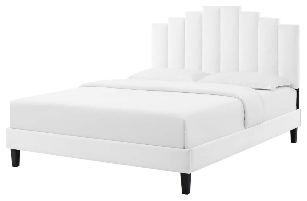 Platform Bed Frame, Queen Size, Velvet, White, Modern Contemporary, Bedroom