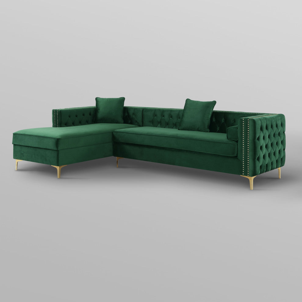 Jeannie Velvet Tufted With Nailhead Trim Sectional, Hunter Green, Left Facing