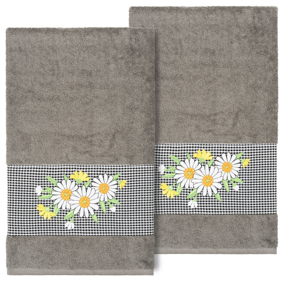 Linum Home Turkish Cotton Daisy 2-Piece Embellished Bath Towel Set, Dark Gray