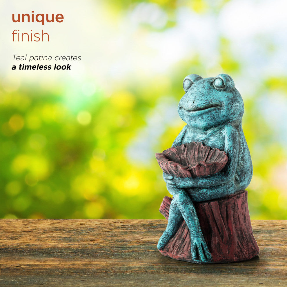 Alpine Green Sleeping Frog Holding a Flower Statue, 15"Tall