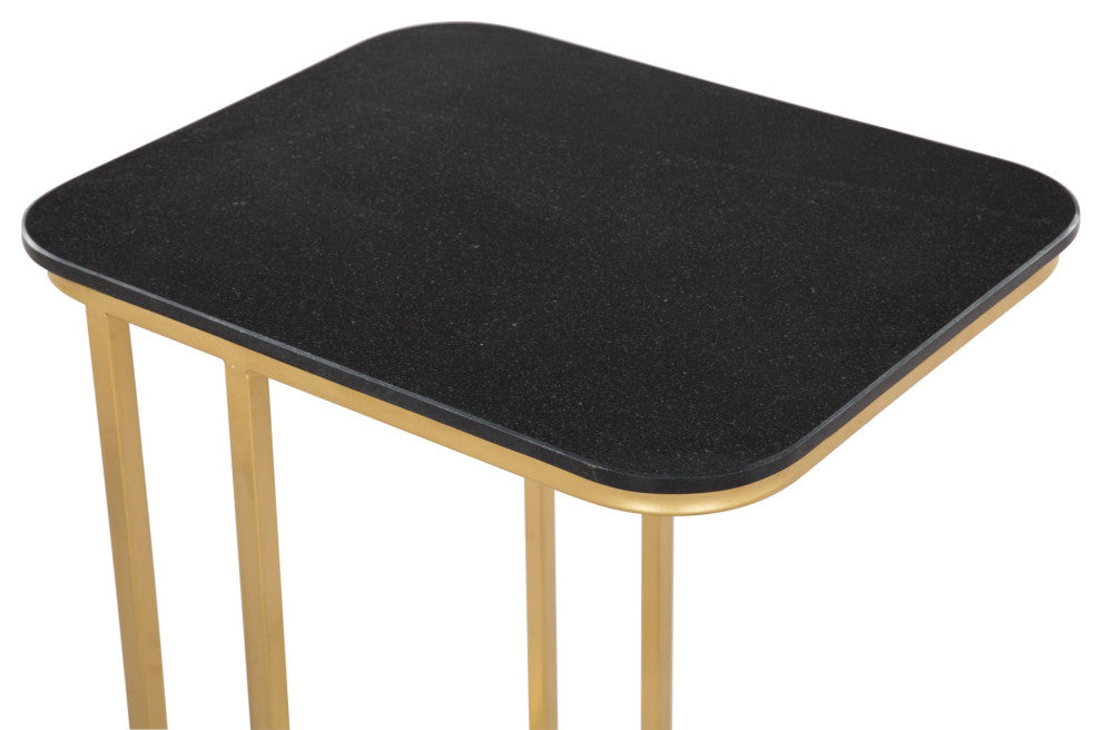 Sofa Side Table, Rectangular, Artificial Marble, Steel Metal, Black, Gold