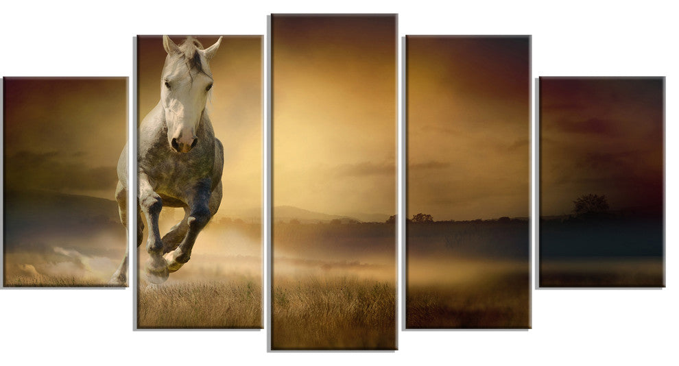 Horse Galloping Through Valley, Animal Canvas Wall Art, 60"x32", 5 Panels
