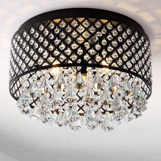 Evelyn 3-Light Crystal Drops and Metal LED Flush Mount, Black/Clear, Width: 17"