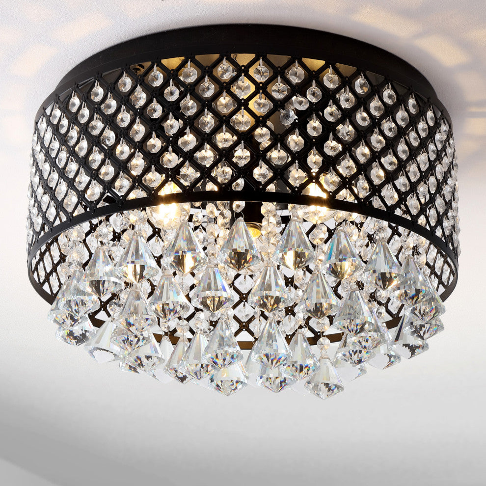 Evelyn 3-Light Crystal Drops and Metal LED Flush Mount, Black/Clear, Width: 17"