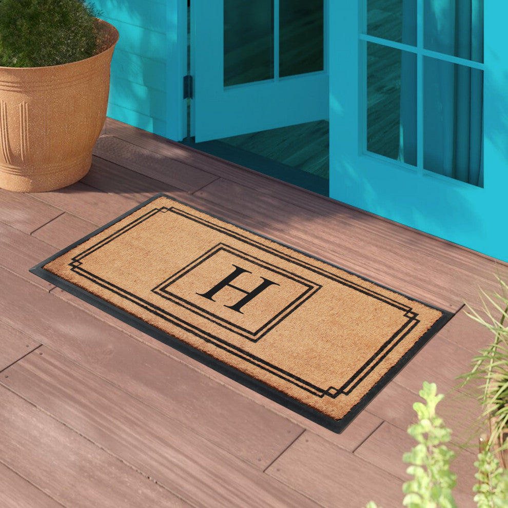 A1HC Rubber and Coir Monogrammed Large Doormat 24"X47.5" Black/Beige, H