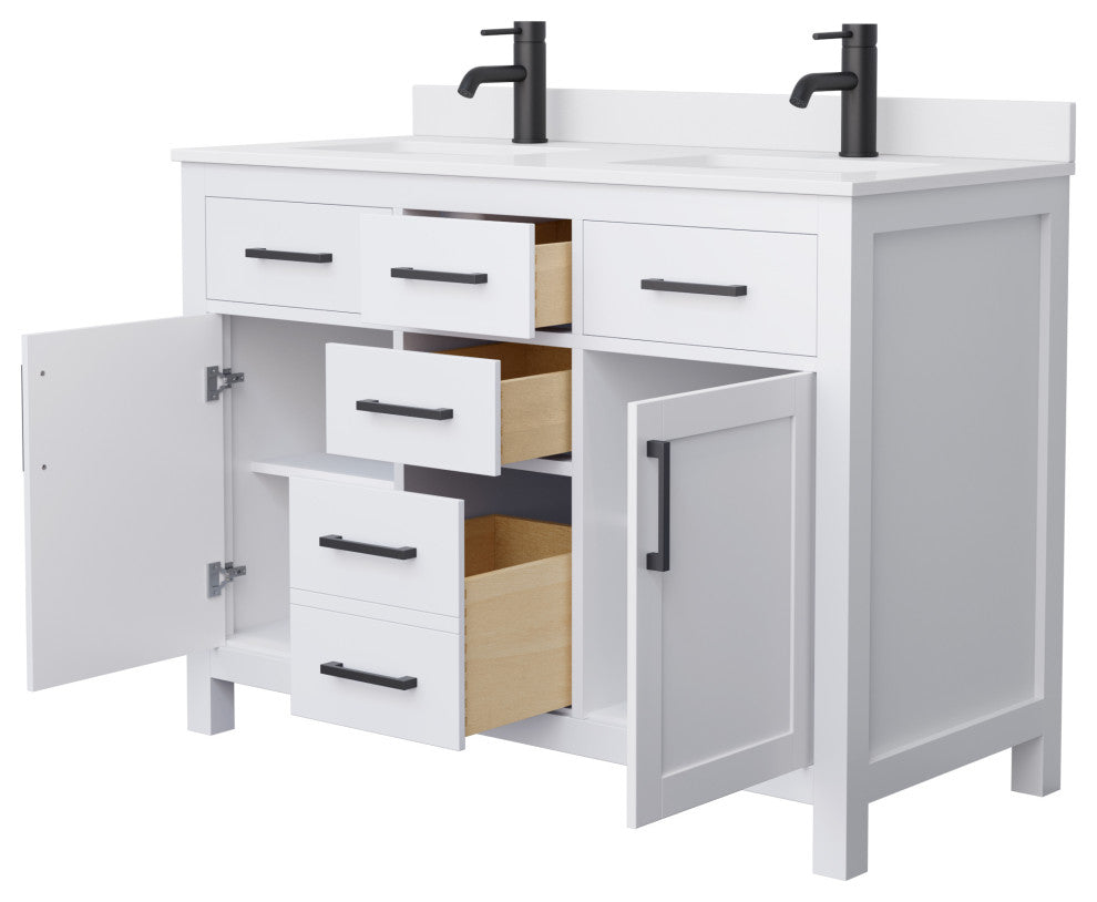 48"DBL Bathroom Vanity White, White Cult. Marble Countertop, Sinks, Black Trim