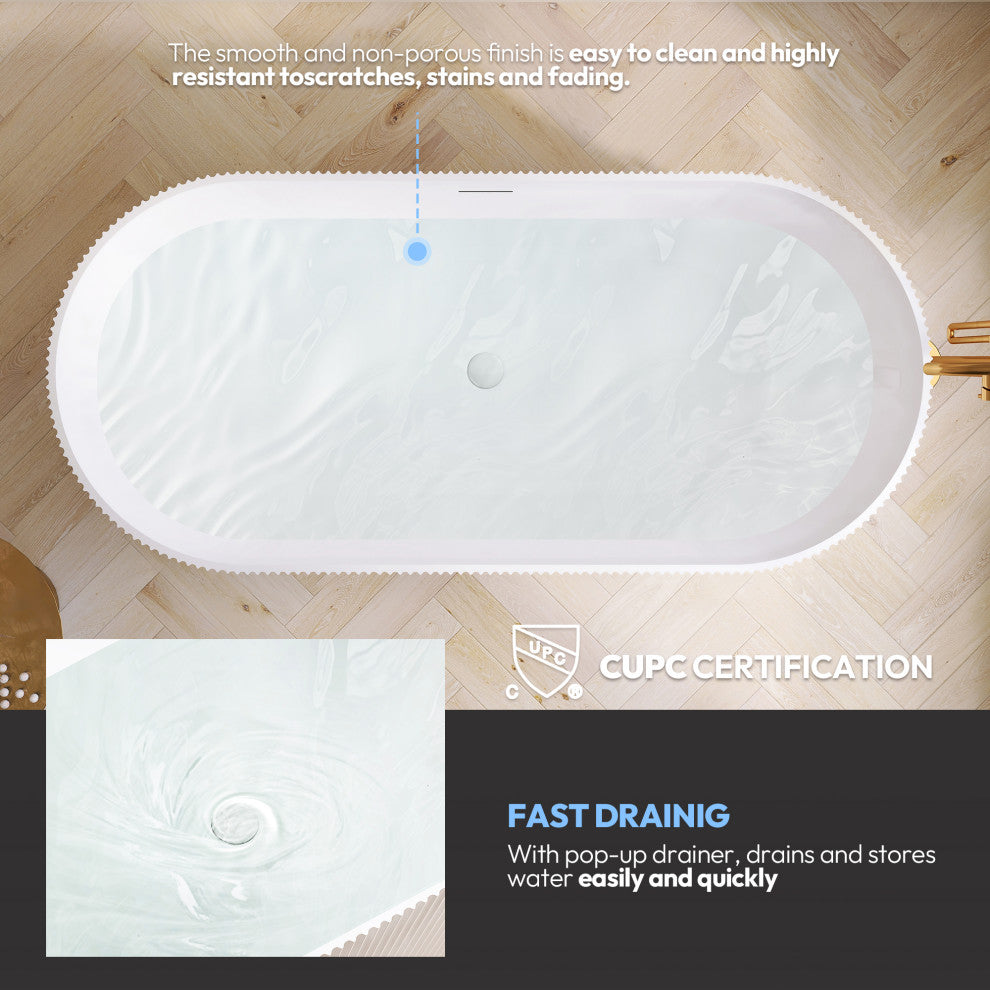 Linyi Freestanding Acrylic Soaking Bathtub, White, 66.9"l X 31.5"w