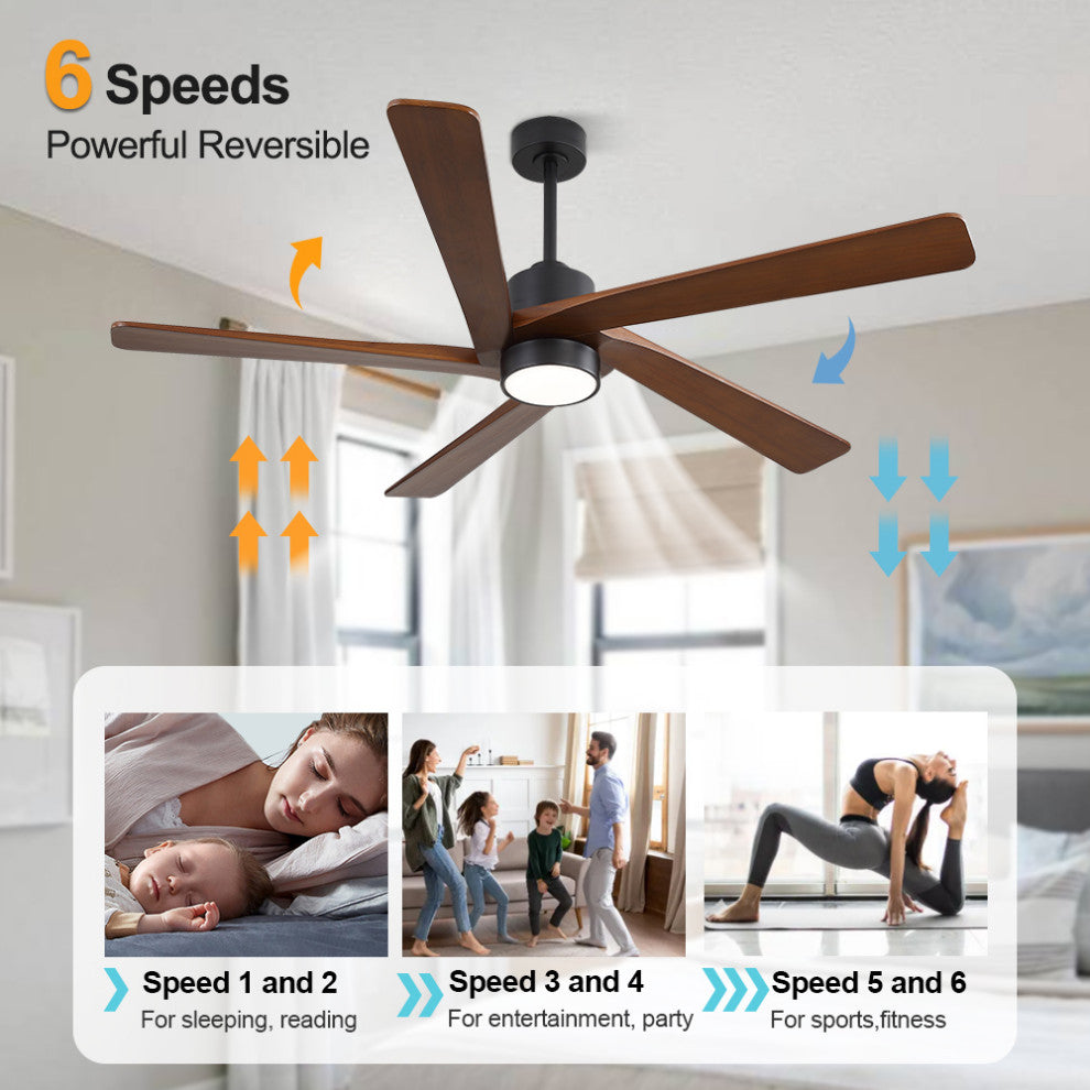 64" 5-Blade LED Ceiling Fan With Light Kit and Remote Control, Black/Walnut