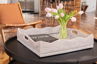 Artifacts Rattan™ Scallop Collection Square Tray With Cutout Handles, White Wash, 20"x20"x4.5"