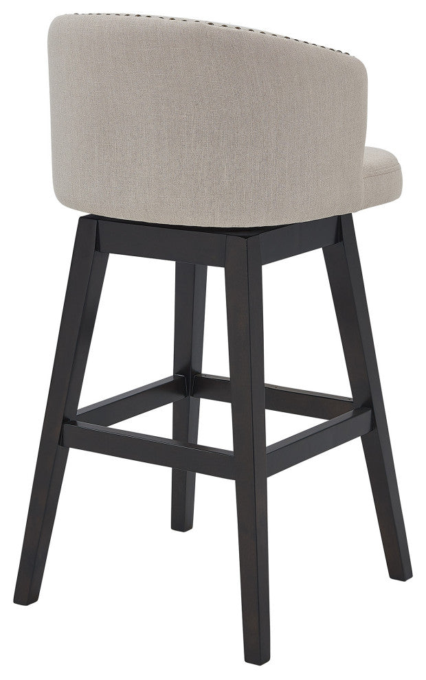 26" Tan Tufted Fabric and Dark Espresso Wood Swivel Bar Stool