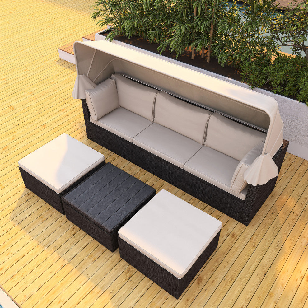 4-Piece Outdoor Wicker Sectional Patio Daybed with Canopy and Ottoman, Black Bei