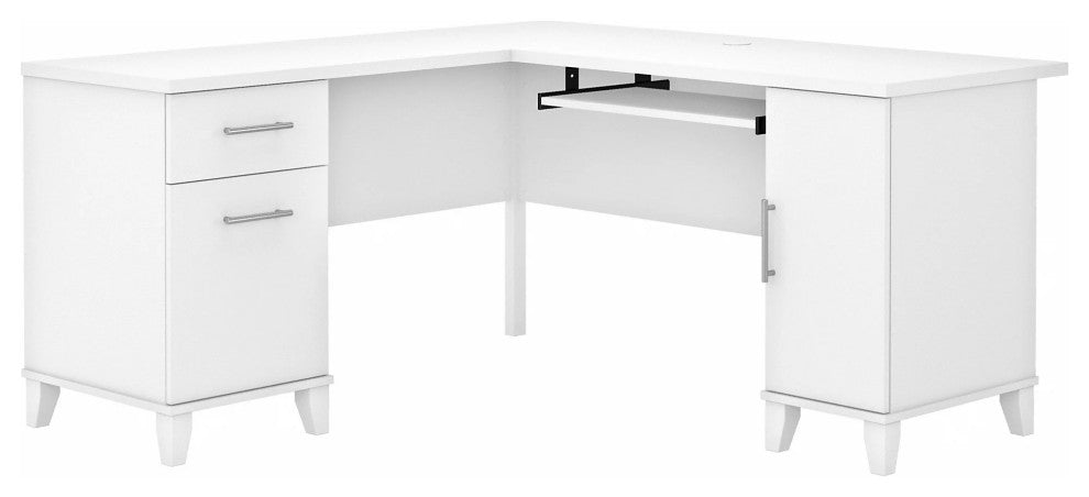 Transitional Desk, L-Shaped Design With Pull Keyboard Tray & Grommet, White