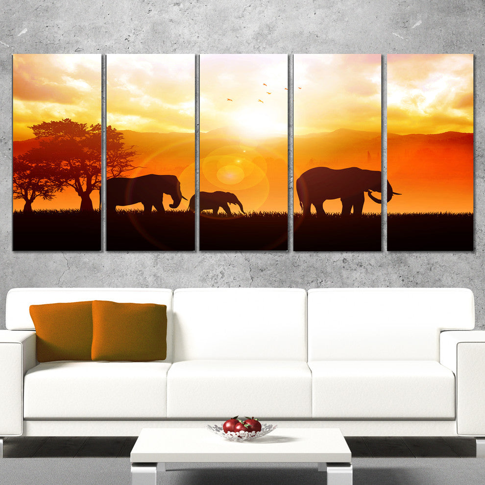 Elephants Walking At Sunset, African Canvas Art Print, 60"x28", 5 Panels