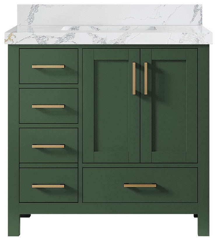 Malibu 36 Center Sink Bath Vanity in Lafayette Green 2" Calacatta Poanazzo