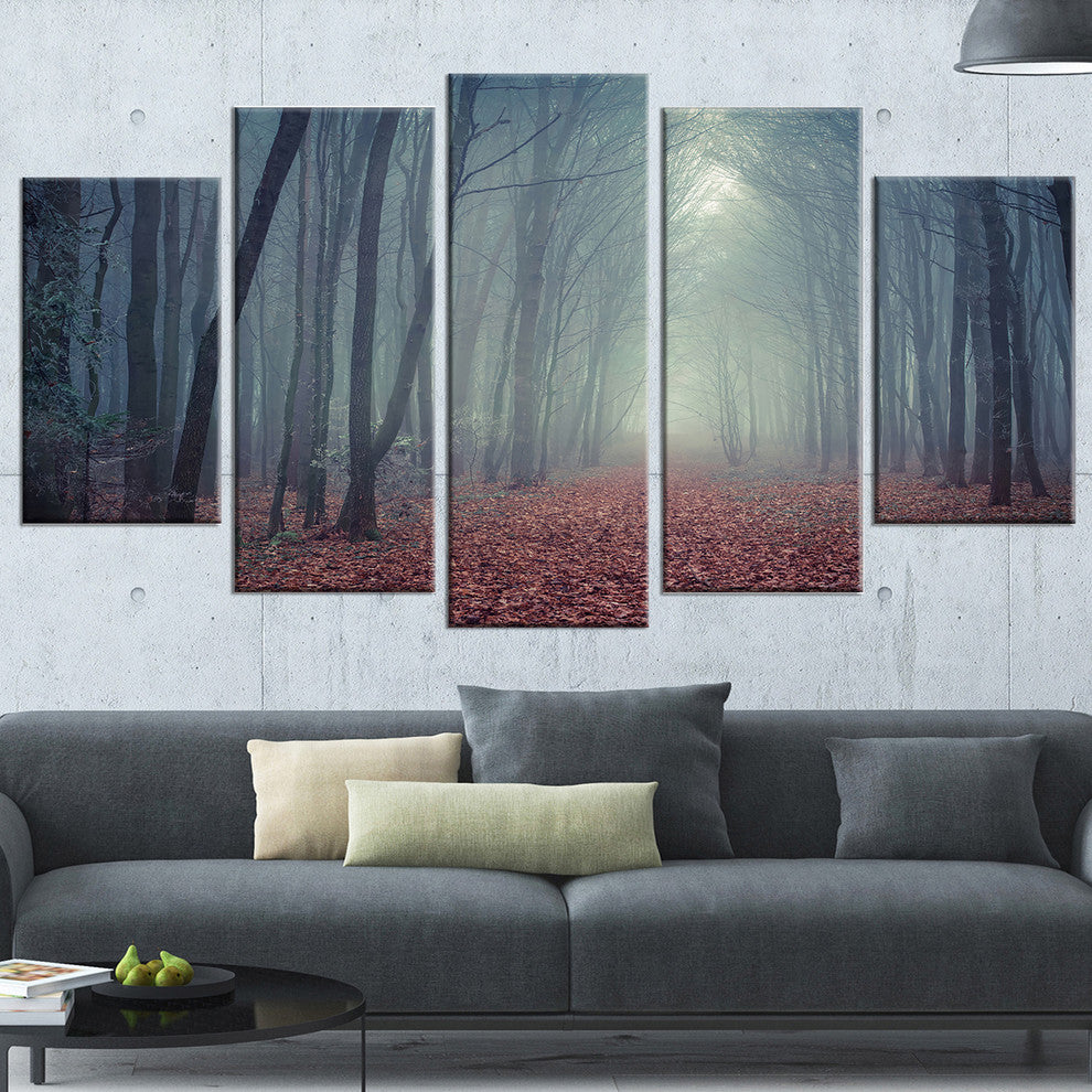 "Retro Style Misty Path in Forest" Landscape Photo Wall Art, 5 Panels, 60"x32"